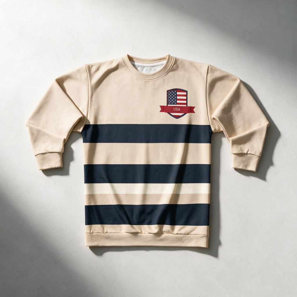 A beige crewneck sweatshirt with horizontal navy and cream stripes across the chest, featuring a small American flag crest with 'USA' on the left chest, laid flat on a light gray background with soft shadows.