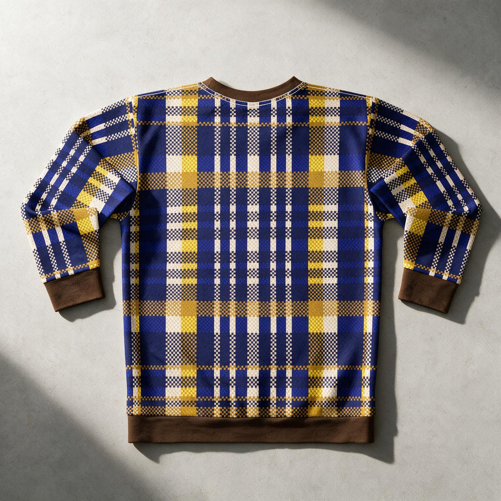 A long-sleeve crewneck sweatshirt with a blue, yellow, and white plaid pattern, featuring solid brown ribbed cuffs, hem, and collar, laid flat on a textured gray background.