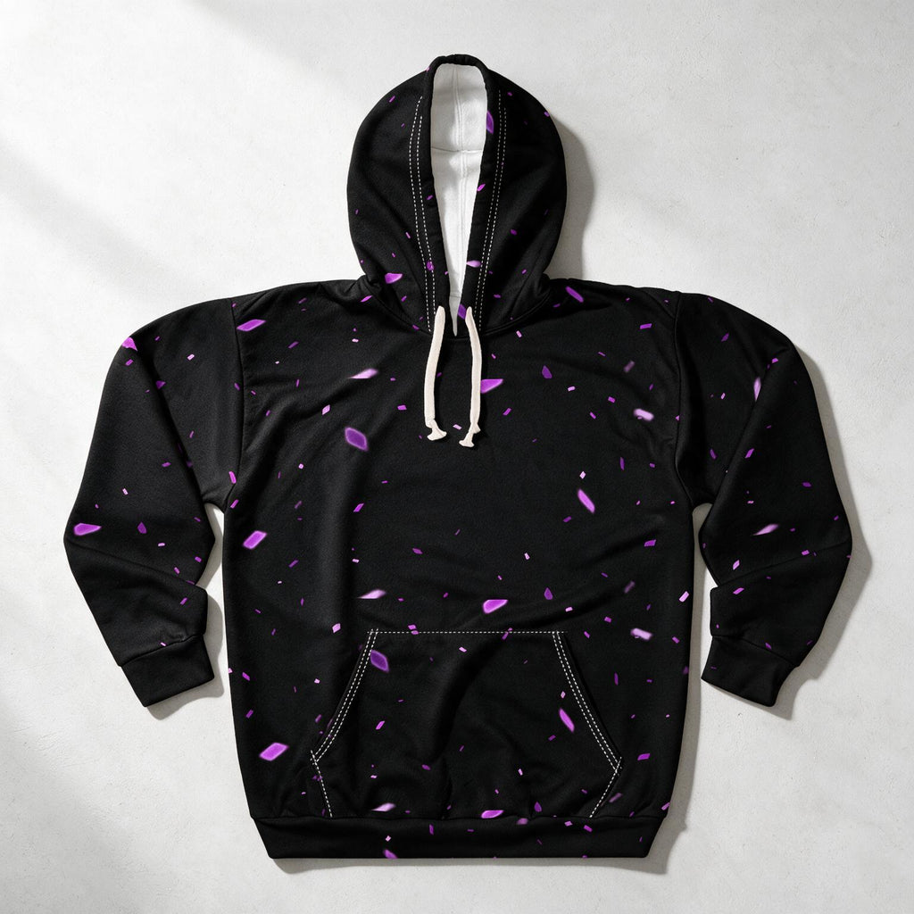 A black pullover hoodie with a scattered purple crystal-like speckle pattern, featuring white drawstrings and a front kangaroo pocket, laid flat on a light gray background.