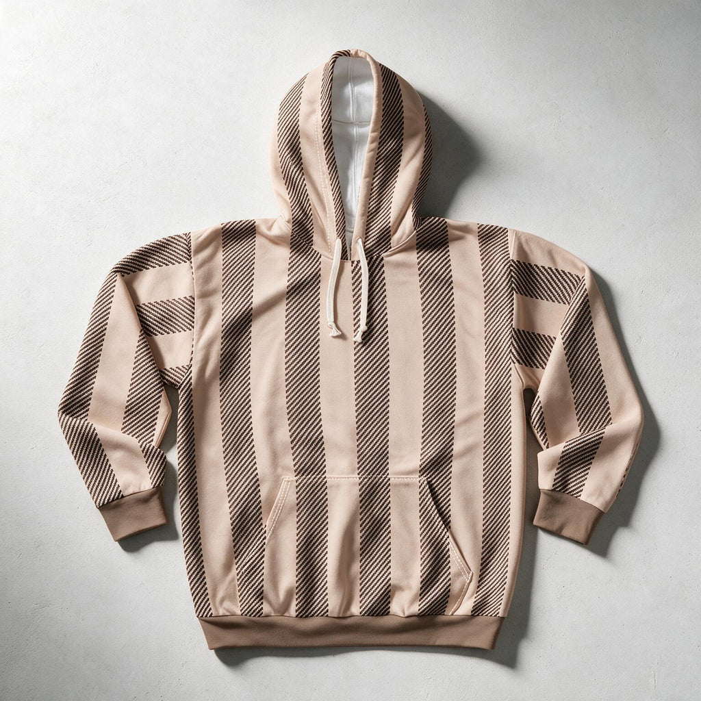 A beige and brown striped pullover hoodie with diagonal houndstooth-like pattern details on the sleeves and hood, laid flat on a light gray background.