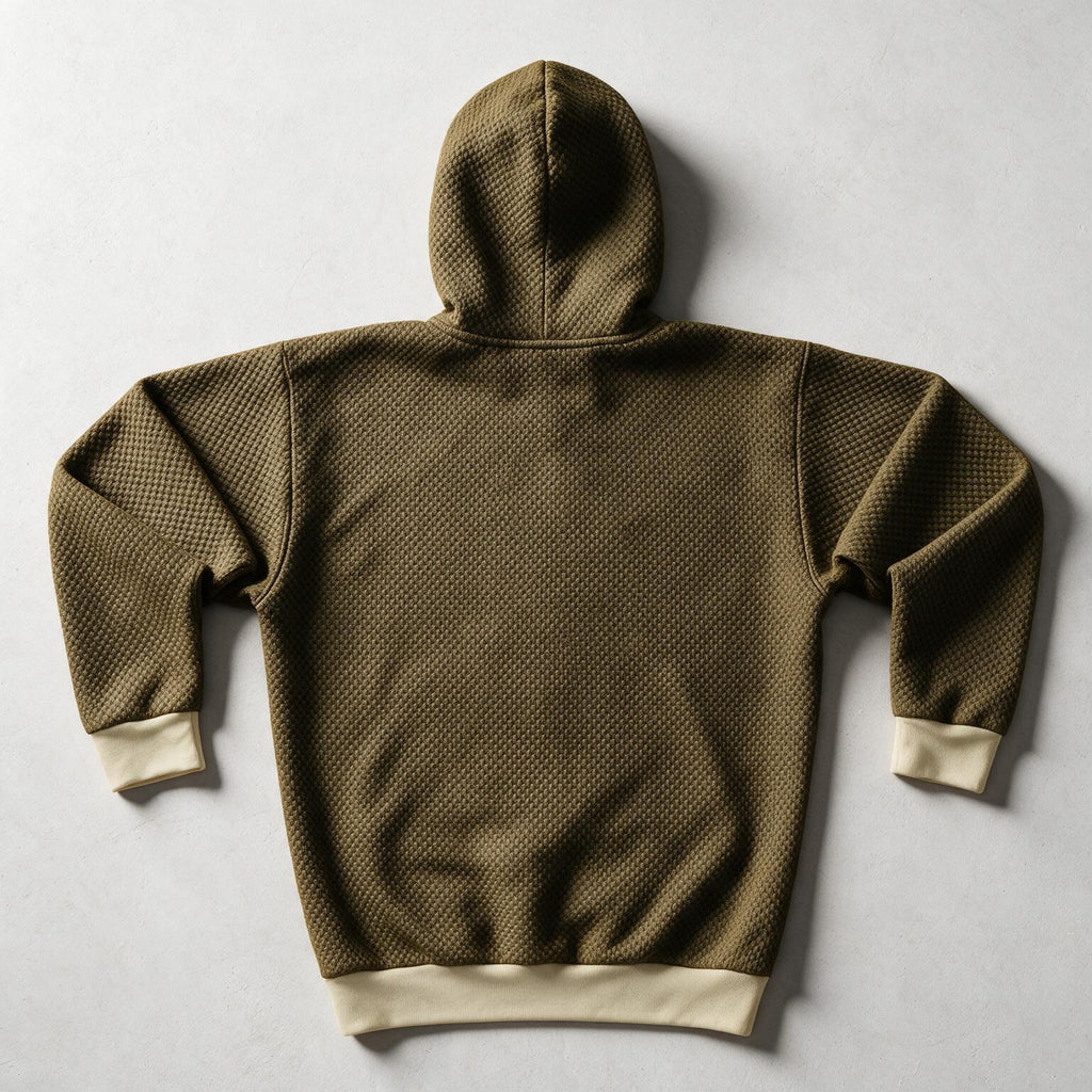 A hooded sweatshirt shown from the back, laid flat on a light gray background. The body and sleeves are olive green with a subtle textured pattern, while the hood, cuffs, and hem are solid beige.