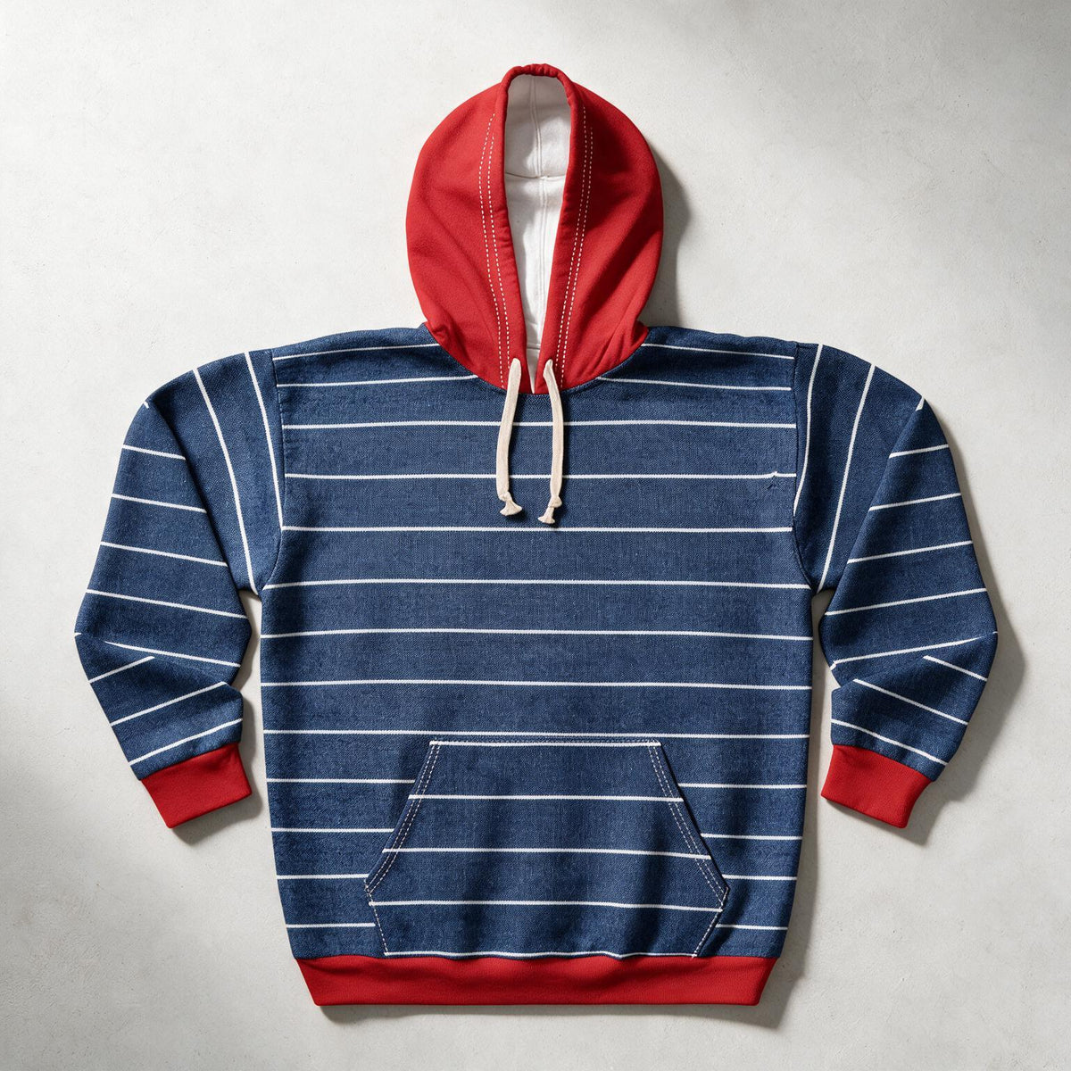 A navy blue hoodie with thin white horizontal stripes, featuring a solid red hood lining, red drawstrings, red cuffs, and a red hem, laid flat on a light gray background.