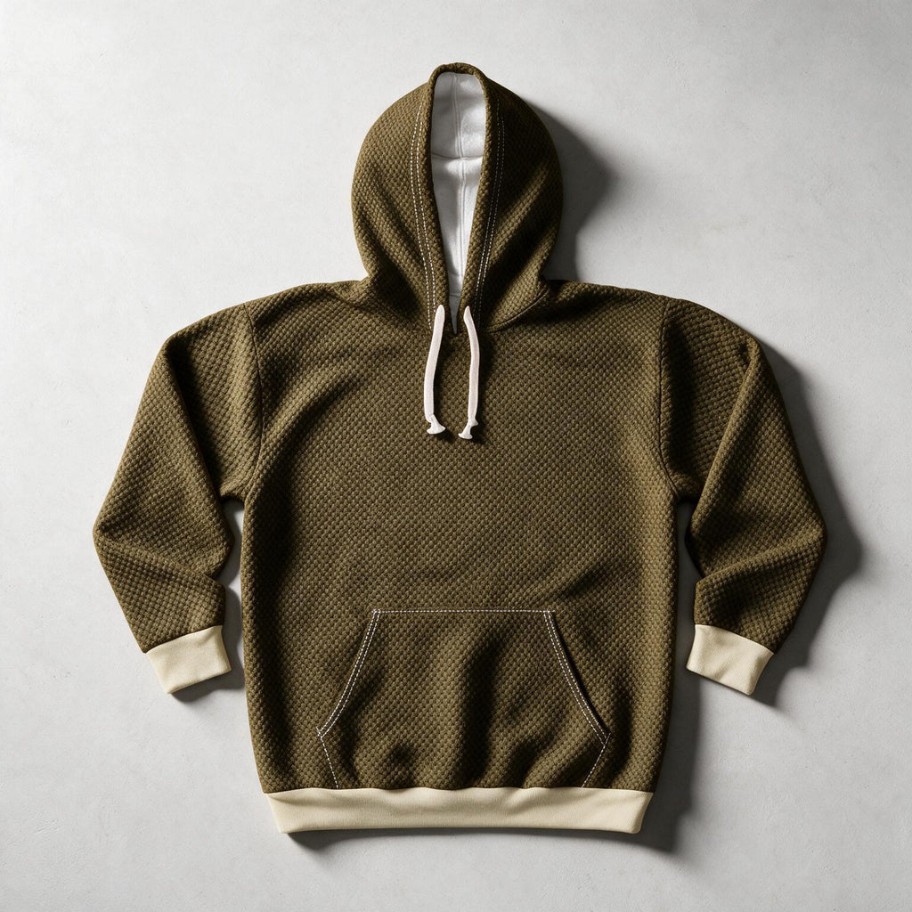 An olive green textured pullover hoodie with a white-lined hood, white drawstrings, and contrasting cream cuffs and hem, laid flat on a light gray background.