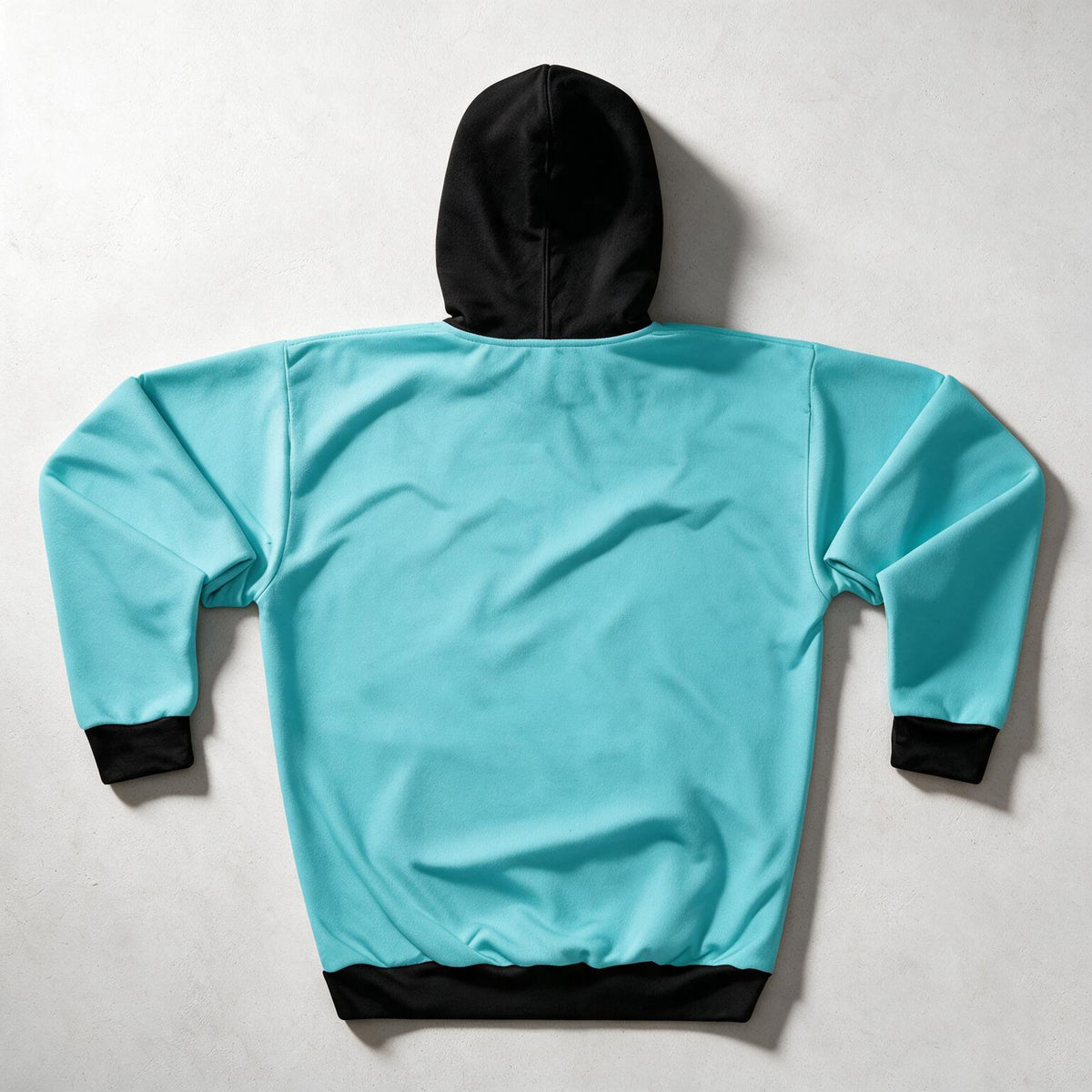A turquoise blue hooded sweatshirt shown from the back, featuring black trim on the hood, cuffs, and hem, laid flat on a light gray background.