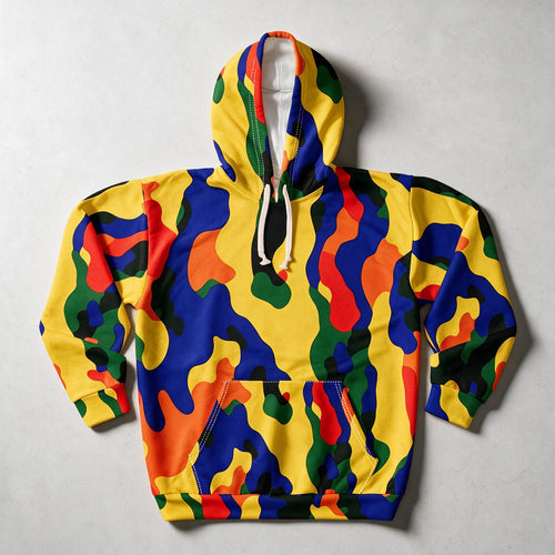 A long-sleeve pullover hoodie with a bold, multicolor abstract camouflage pattern featuring yellow, blue, red, green, and orange shapes, laid flat on a light gray textured background.