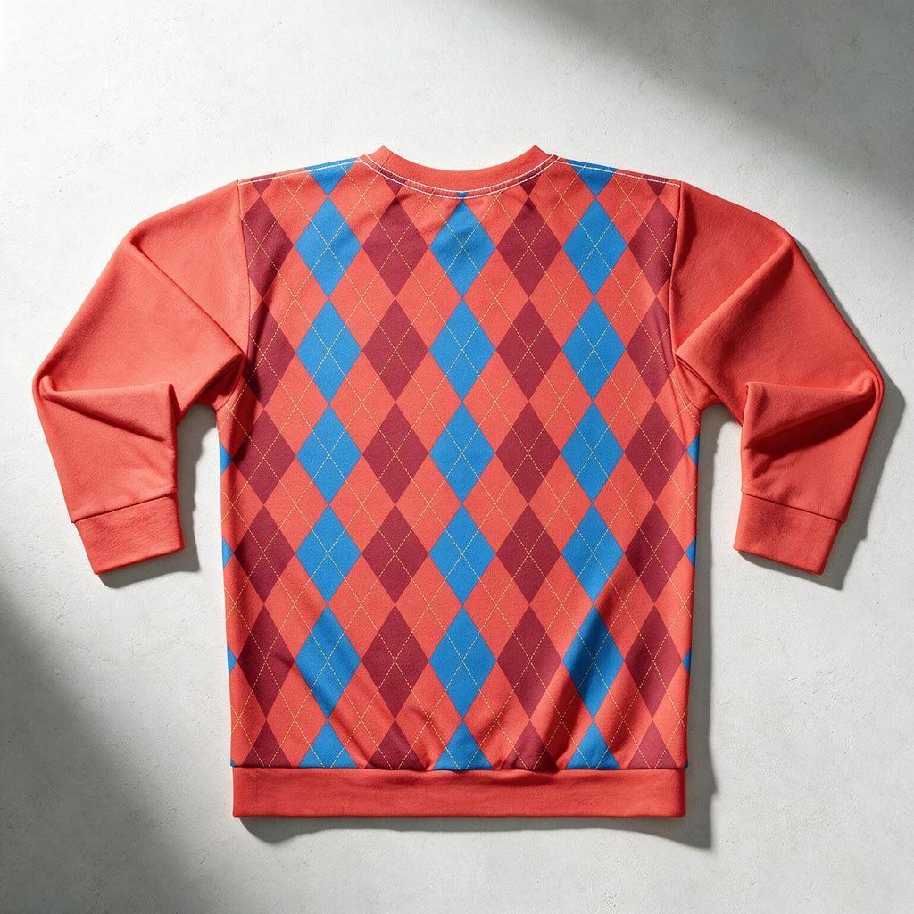 A coral orange long-sleeve crewneck sweatshirt with a blue and burgundy argyle pattern on the back, laid flat on a light gray concrete surface.