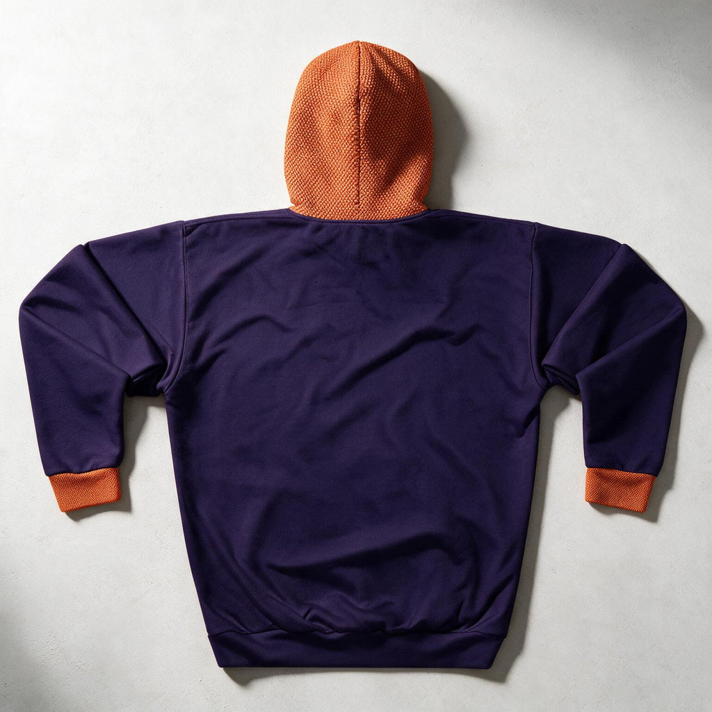 A dark purple hooded sweatshirt shown from the back, featuring a contrasting orange textured hood and orange ribbed cuffs, laid flat on a light gray background.