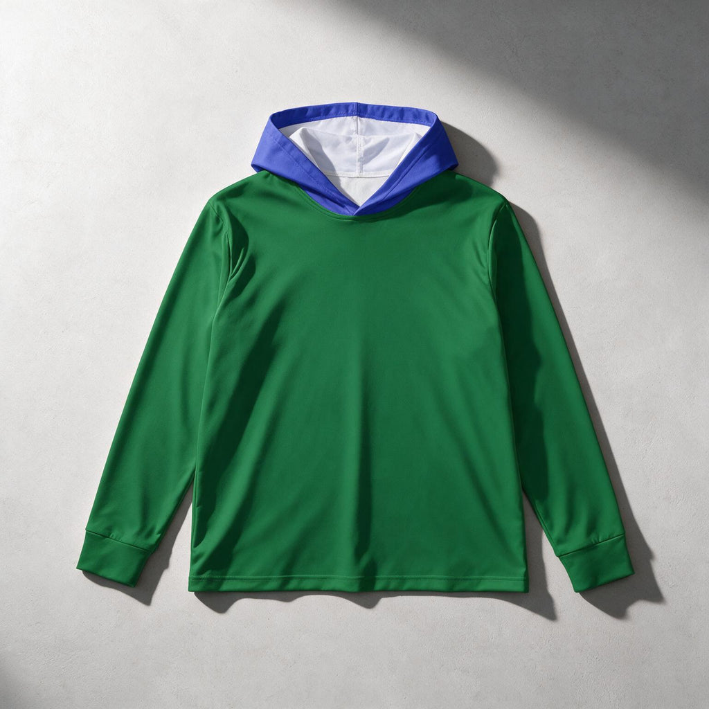 A green long-sleeve hooded sweatshirt with a contrasting blue hood lining and white hood interior, laid flat on a light gray textured background.