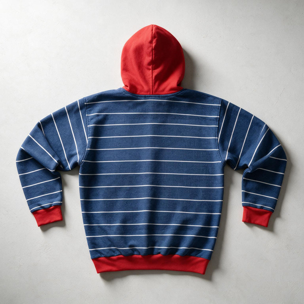 A navy blue hoodie with thin white horizontal stripes, featuring solid red cuffs, hem, and hood, laid flat on a light gray background.