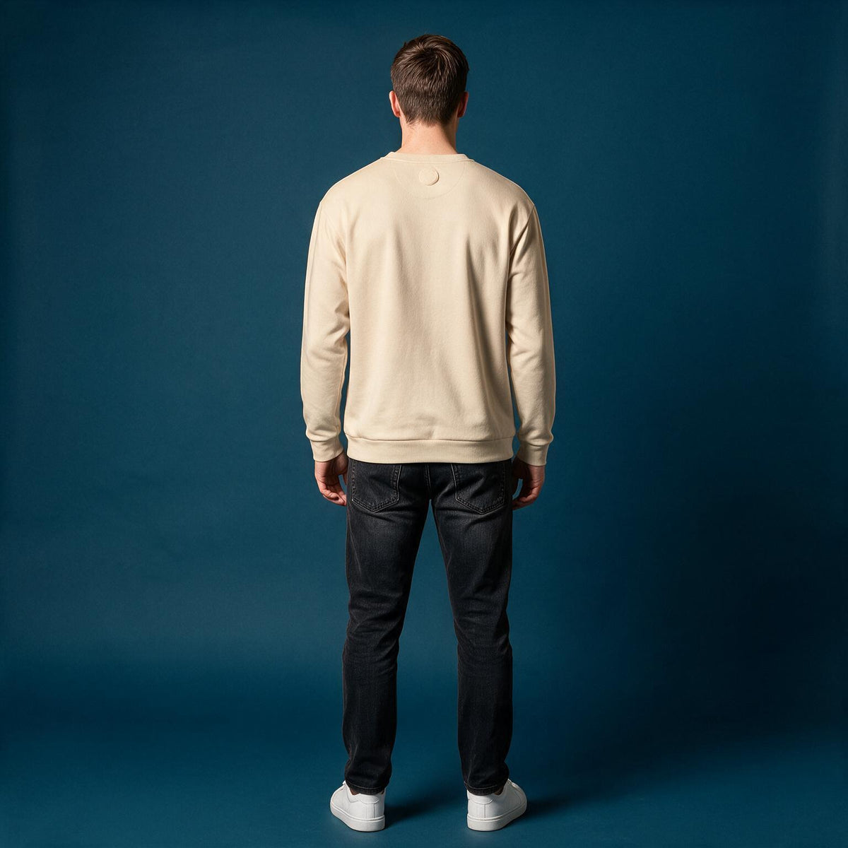 Navy Stripe Cream Crewneck Sweatshirt | Small American Flag Patch