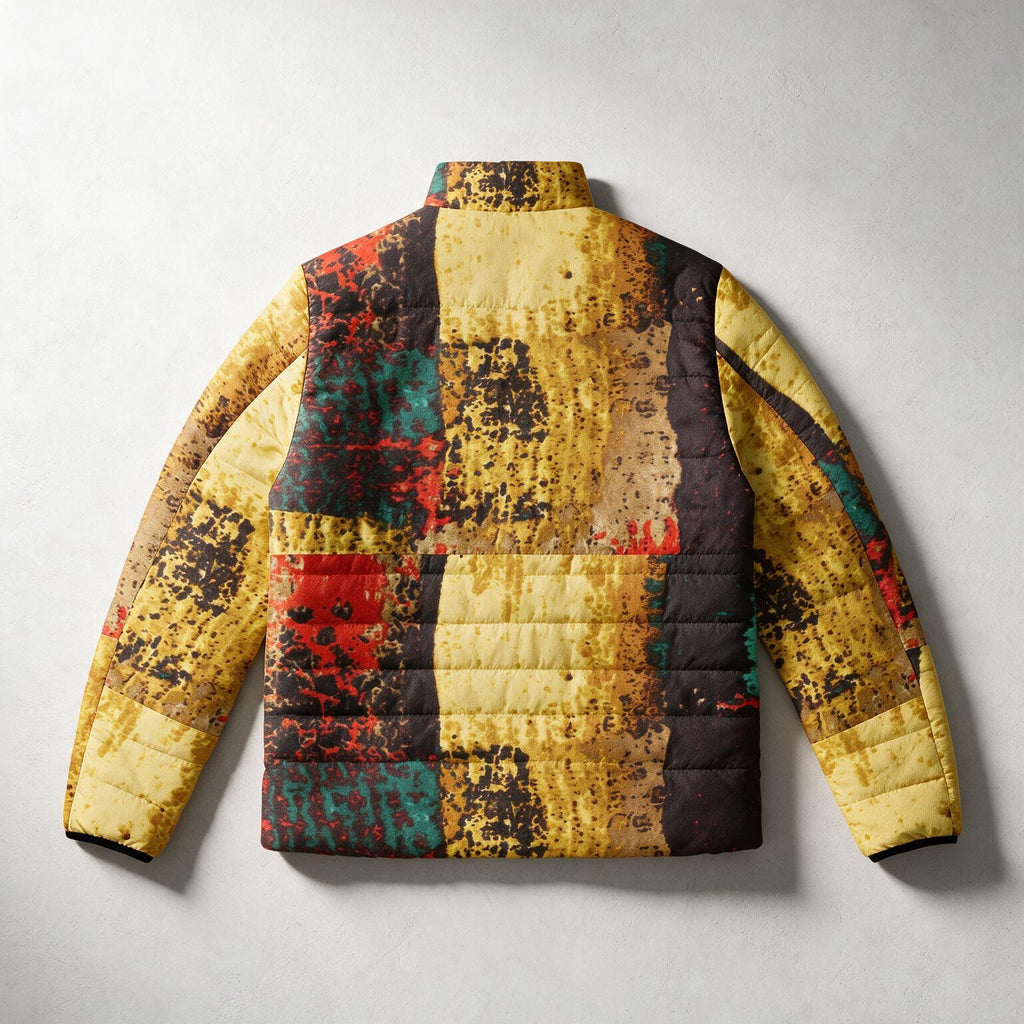 A quilted puffer jacket shown from the back, featuring a distressed patchwork design with yellow, brown, red, and teal blocks, laid flat on a light gray background.