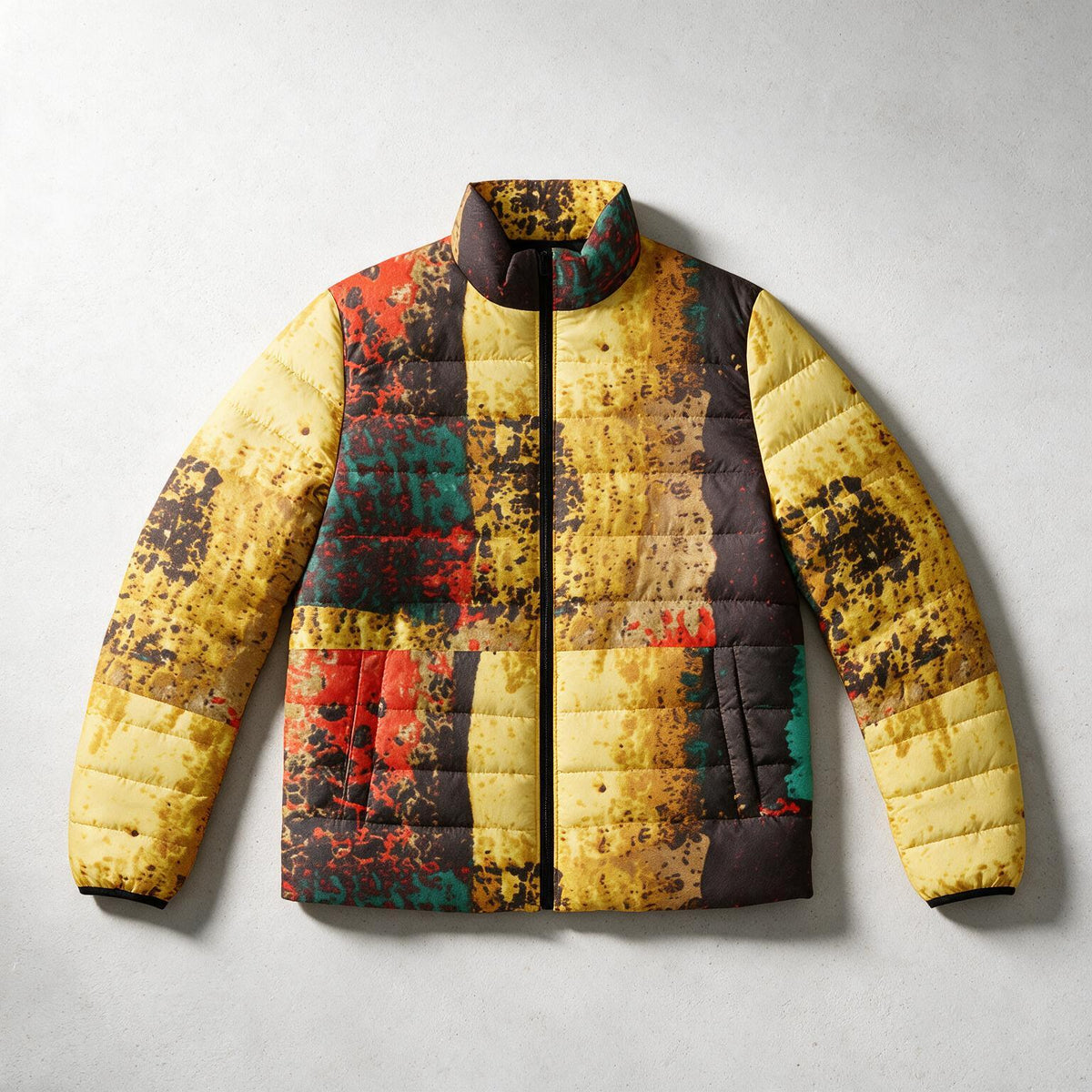 A quilted puffer jacket with a colorful abstract patchwork pattern in yellow, brown, red, and green, displayed flat against a light gray background.
