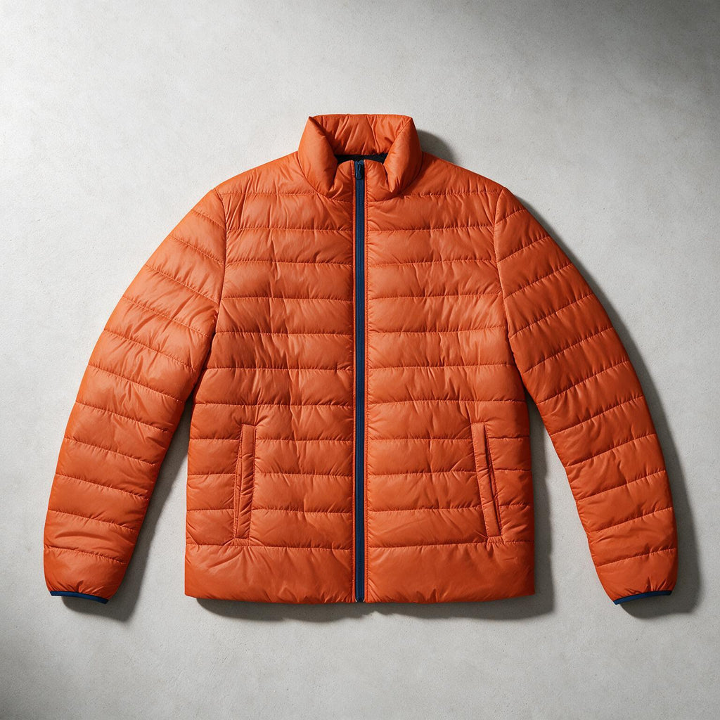 An orange quilted puffer jacket with a stand-up collar and front zipper, laid flat on a textured gray background.
