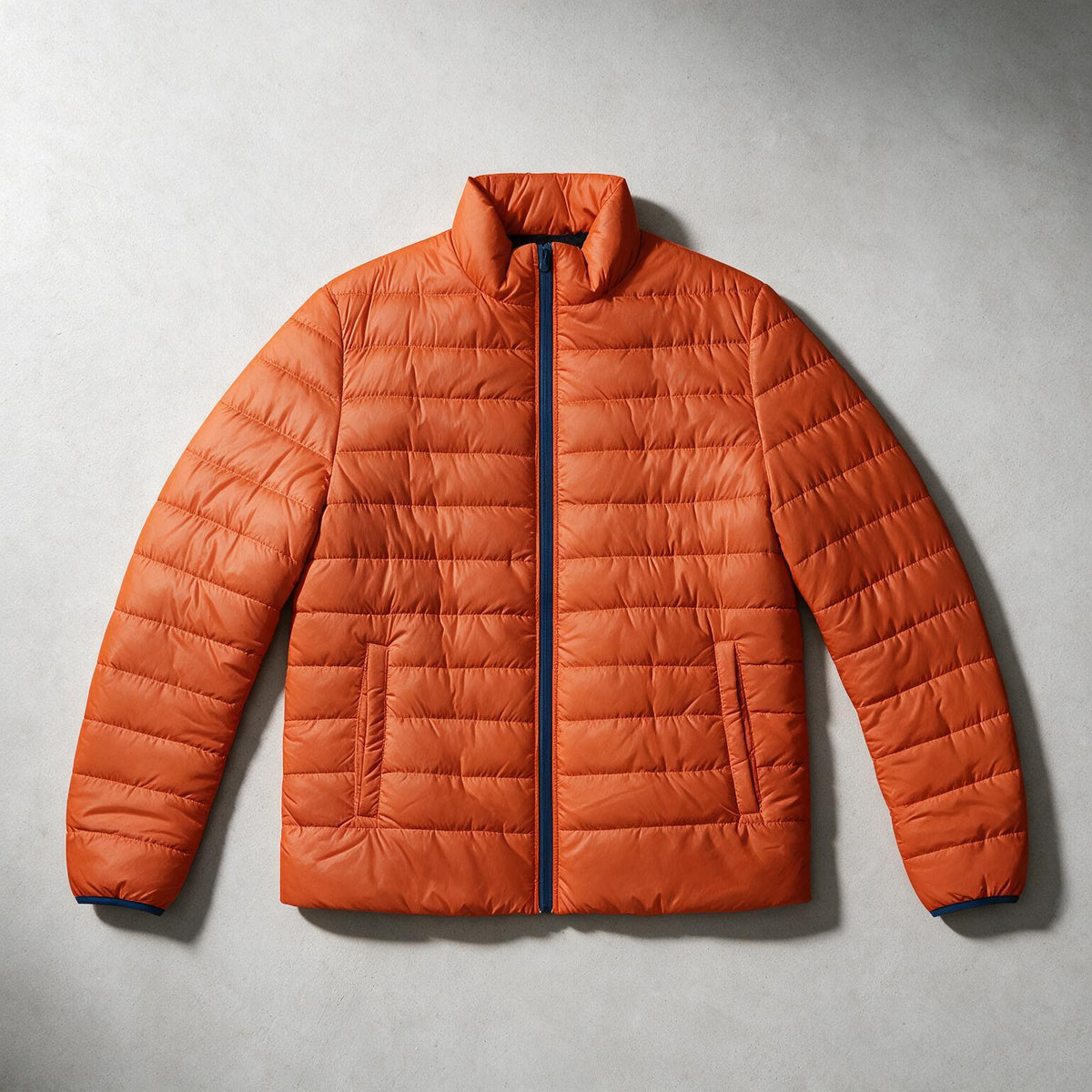 An orange quilted puffer jacket with a stand-up collar and front zipper, laid flat on a textured gray background.