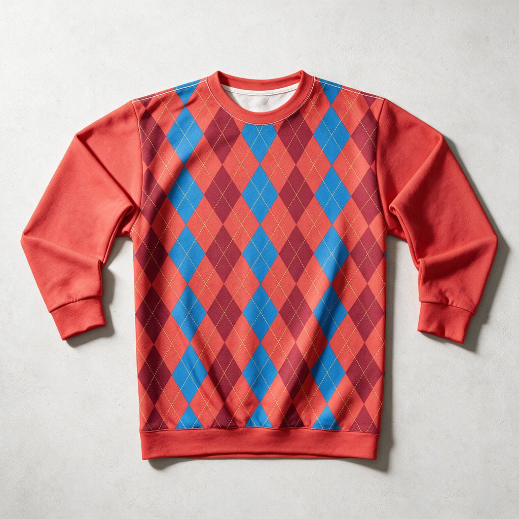 A crewneck sweatshirt with a red, blue, and purple argyle pattern on the front and solid red sleeves, laid flat on a light gray background.