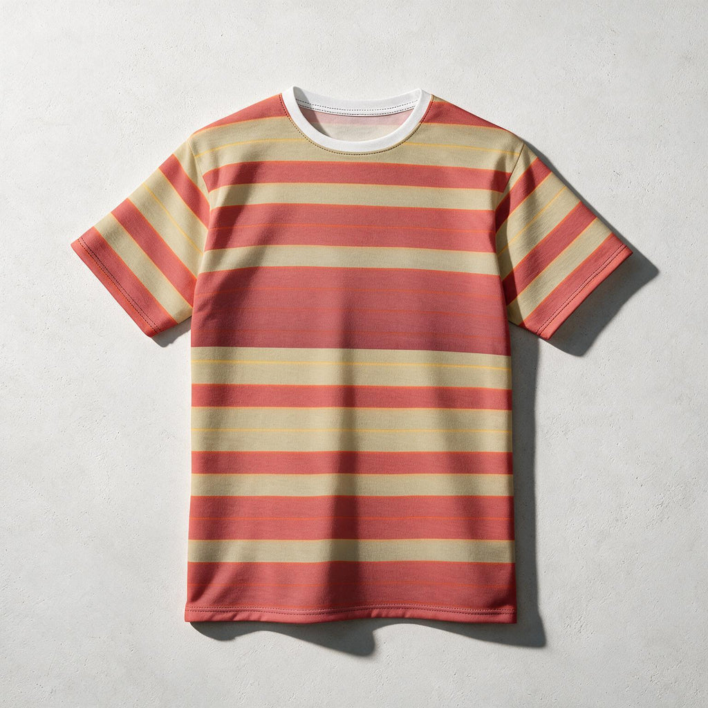 A short-sleeve crewneck t-shirt with horizontal stripes in coral pink, light beige, and yellow, laid flat on a textured light gray background.
