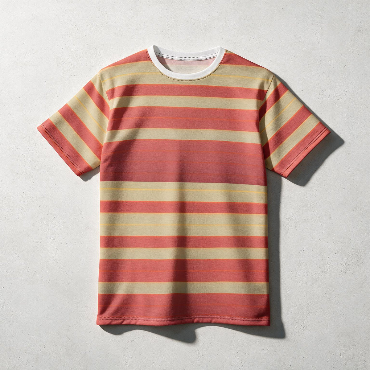 A short-sleeve crewneck t-shirt with horizontal stripes in coral pink, light beige, and yellow, laid flat on a textured light gray background.