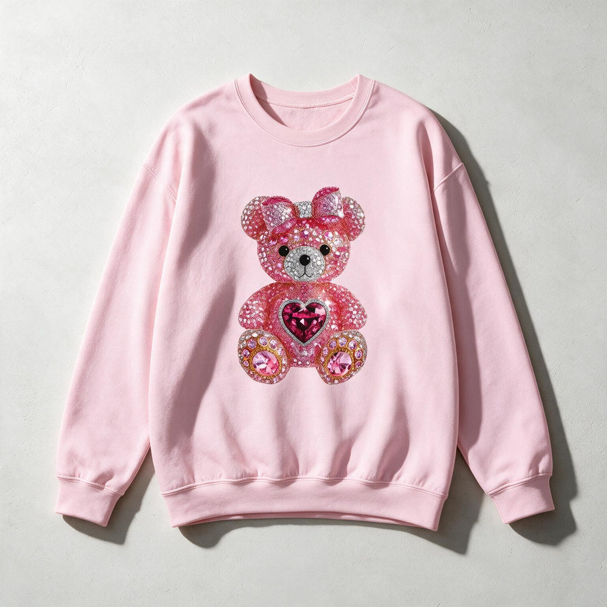 Pink Sequin Teddy Bear Sweatshirt | Heart Patch, Cute Plush Graphic