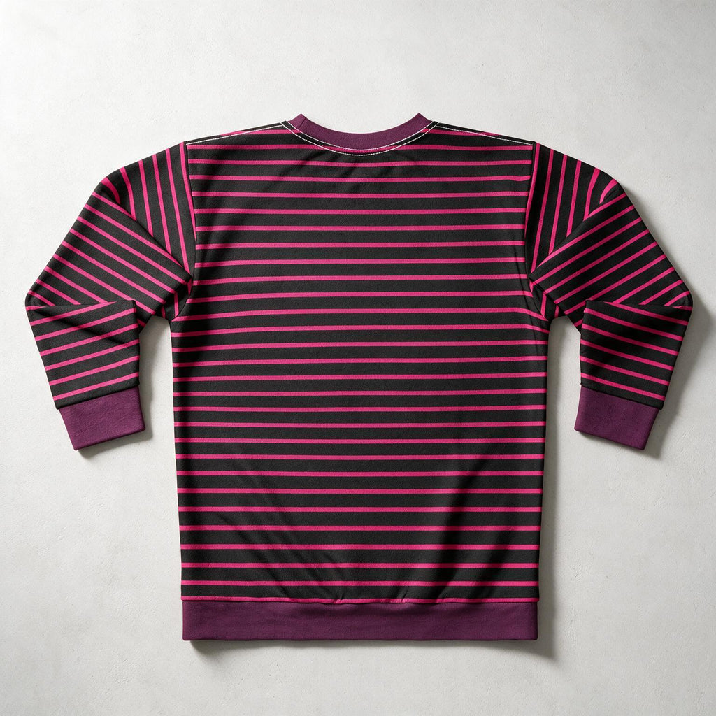 A long-sleeve crewneck sweatshirt shown from the back, featuring horizontal stripes in dark purple and bright magenta pink, with solid dark purple ribbed cuffs, collar, and hem.