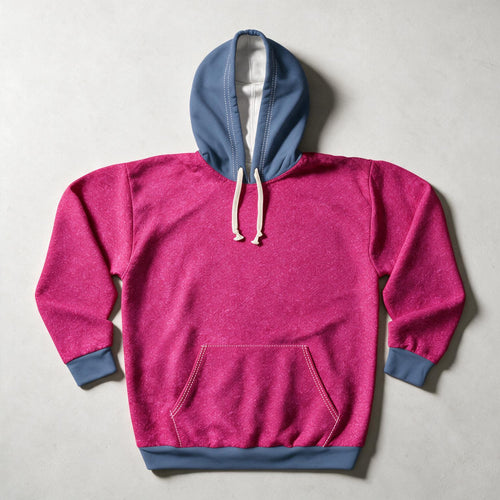 A heather pink pullover hoodie with a contrasting slate blue hood, cuffs, and hem, featuring white drawstrings and a front kangaroo pocket, laid flat on a light gray background.