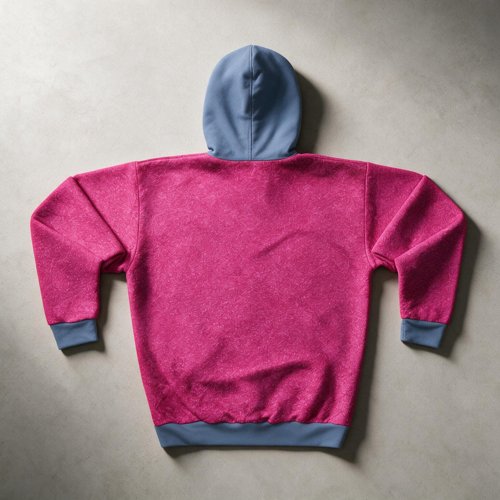 A pink hooded sweatshirt shown from the back, laid flat on a textured gray surface. The hoodie features a heathered bright pink body with contrasting dusty blue hood, cuffs, and hem.