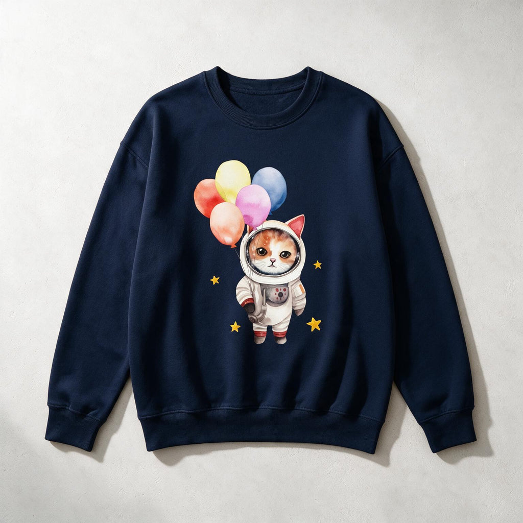 A navy blue crewneck sweatshirt featuring a graphic print of a cute cat dressed in an astronaut suit holding a cluster of colorful balloons, displayed flat against a light gray textured background.