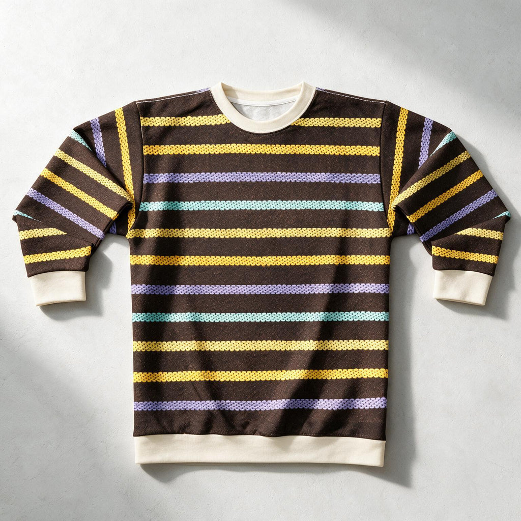 A crewneck sweatshirt with horizontal stripes in yellow, purple, and light blue on a dark brown base, featuring cream ribbed collar, cuffs, and hem, laid flat on a light gray background.