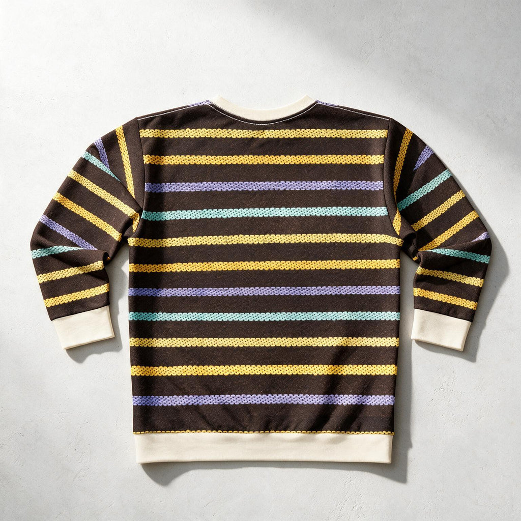 A long-sleeve crewneck sweatshirt with horizontal wavy stripes in yellow, purple, and light blue over a dark brown base, featuring cream ribbed cuffs and hem, shown from the back on a light gray textured background.