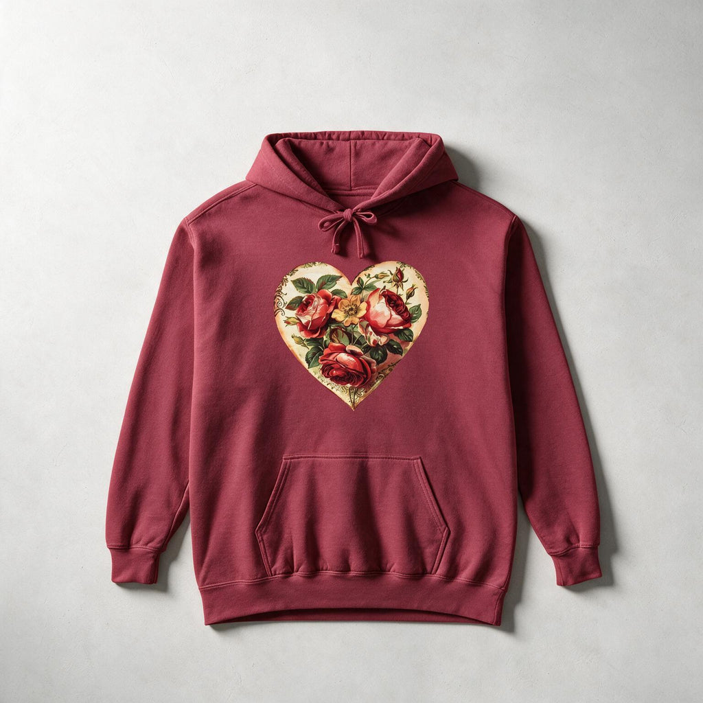 A maroon pullover hoodie with a vintage-style heart graphic on the chest containing red roses and green leaves, laid flat on a light gray textured background.