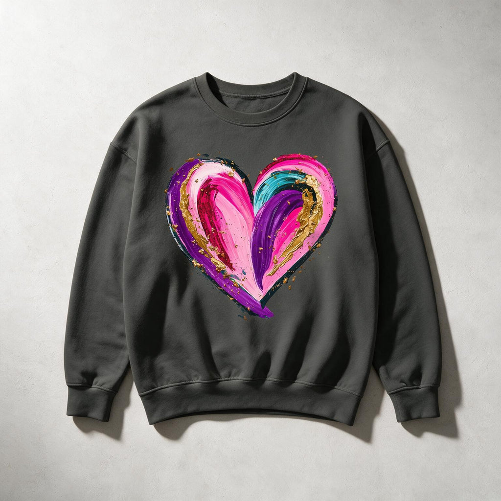 A dark gray crewneck sweatshirt featuring a large, vibrant, multicolored abstract heart graphic on the chest, displayed flat against a light gray textured background.