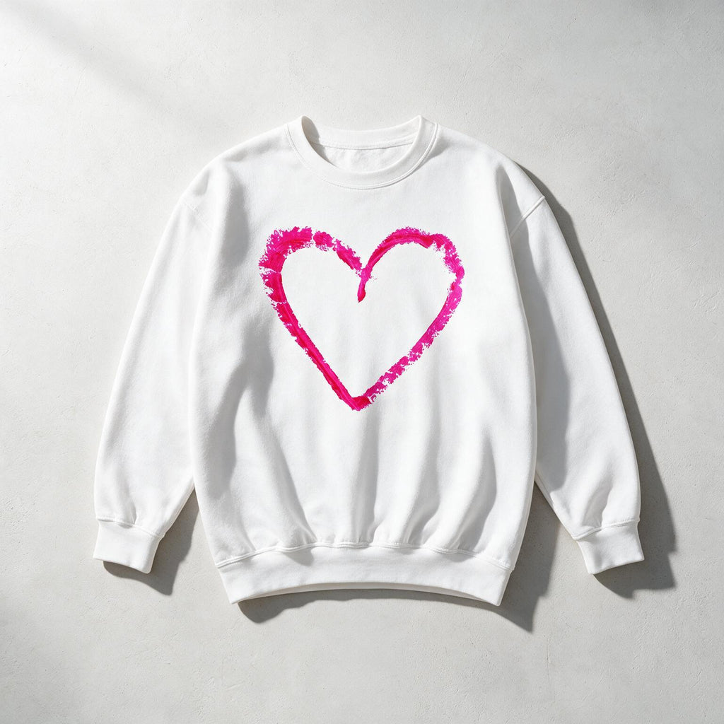 A white crewneck sweatshirt with a vibrant pink textured heart outline printed on the chest, laid flat on a light gray background.