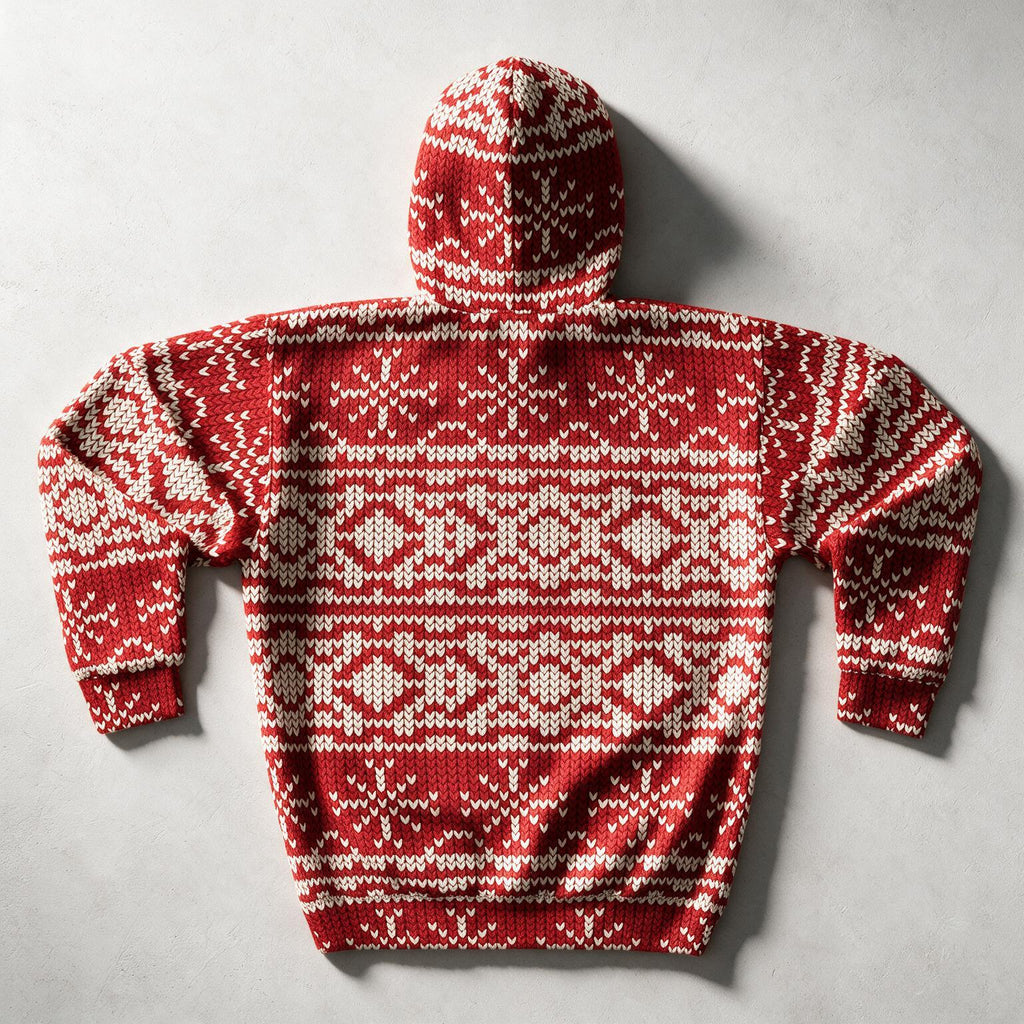 A red and cream knit hooded sweater with a classic Nordic/Fair Isle pattern, shown from the back on a light gray background.