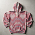 A pink knit hoodie with a textured geometric pattern in white and light blue, laid flat on a neutral gray background.