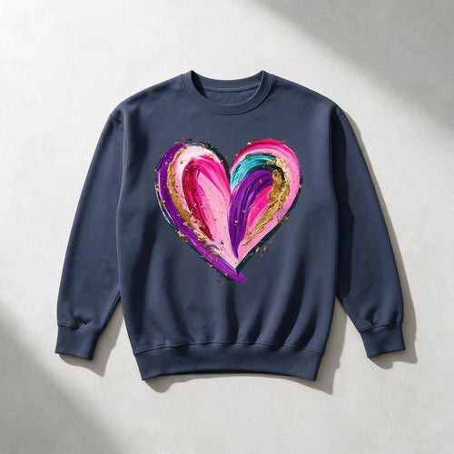 A navy blue crewneck sweatshirt with a large, colorful abstract heart graphic on the chest, displayed flat against a light gray textured background with soft shadows.