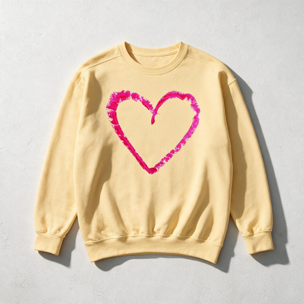 A pale yellow crewneck sweatshirt with a textured, hand-drawn hot pink heart outline on the front, laid flat on a light gray concrete surface.