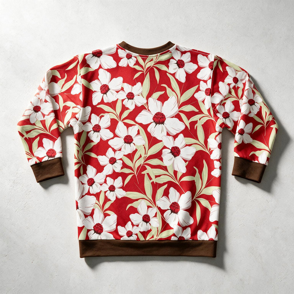 A long-sleeve crewneck sweatshirt with a red background and a white floral pattern, featuring brown ribbed cuffs, hem, and collar, laid flat on a light gray textured surface.