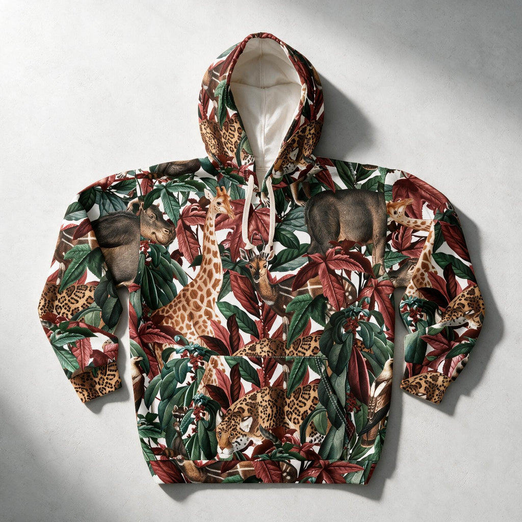 A hooded sweatshirt laid flat on a light gray surface, featuring an all-over jungle and safari print with giraffes, zebras, leopards, and tropical leaves in green, red, brown, and beige tones.