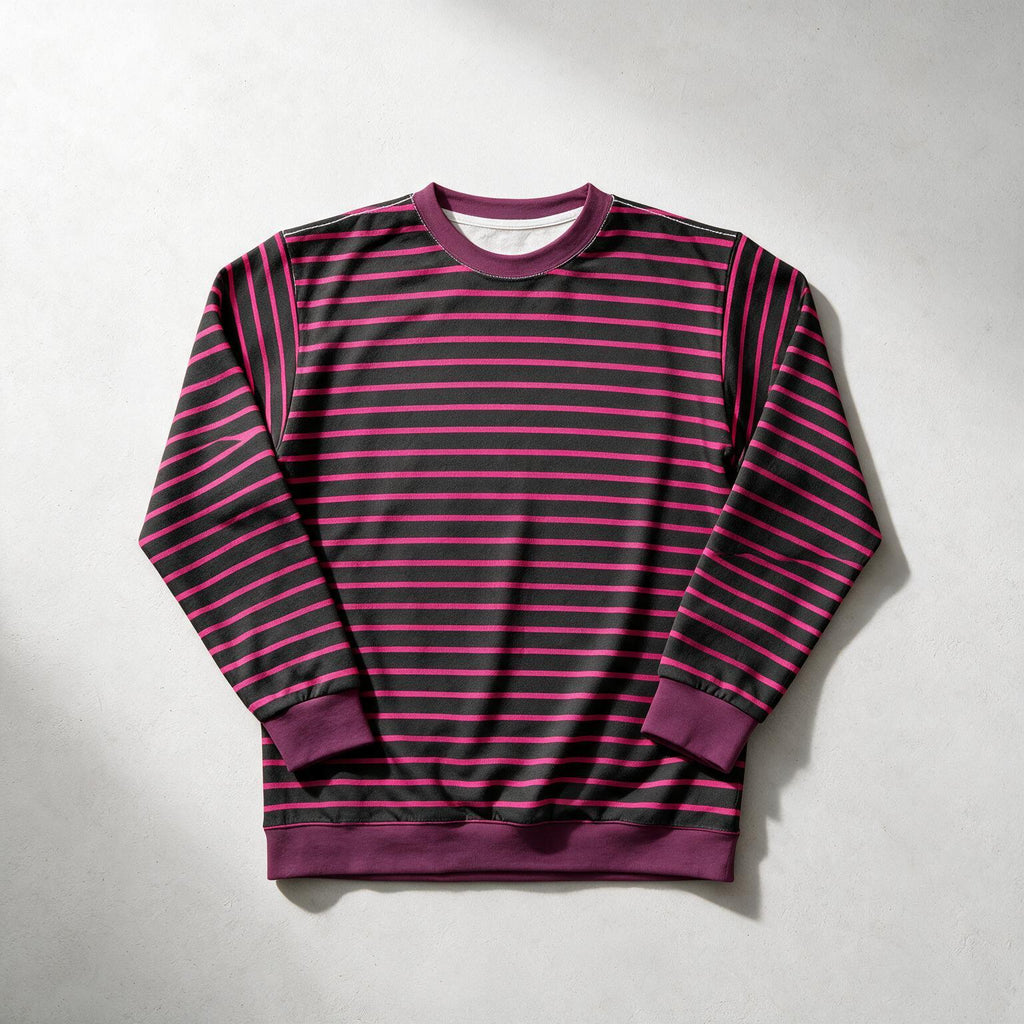 A long-sleeve crewneck sweatshirt with horizontal stripes in dark purple and black, laid flat on a light gray background.
