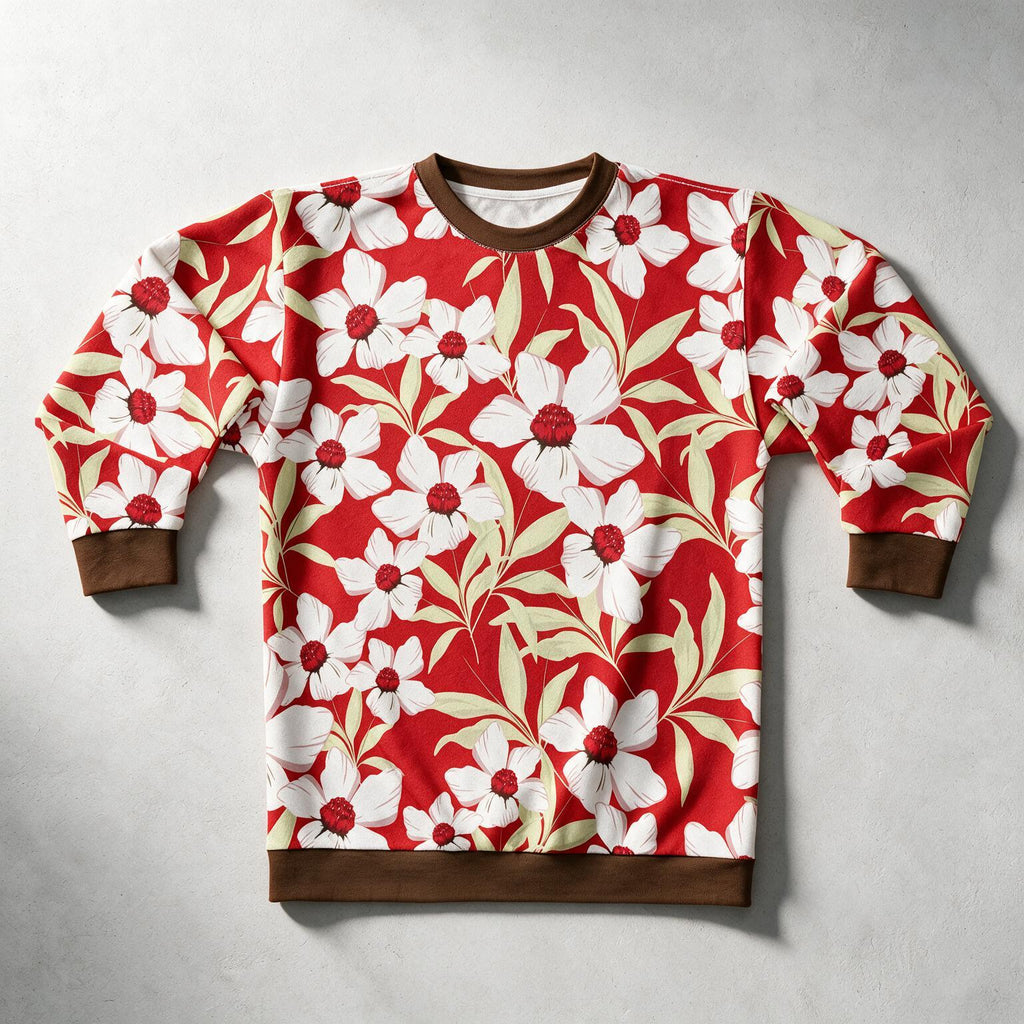 A crewneck sweatshirt featuring a red background with a bold white floral print, accented with brown ribbed trim on the collar, cuffs, and hem, laid flat on a light gray textured surface.