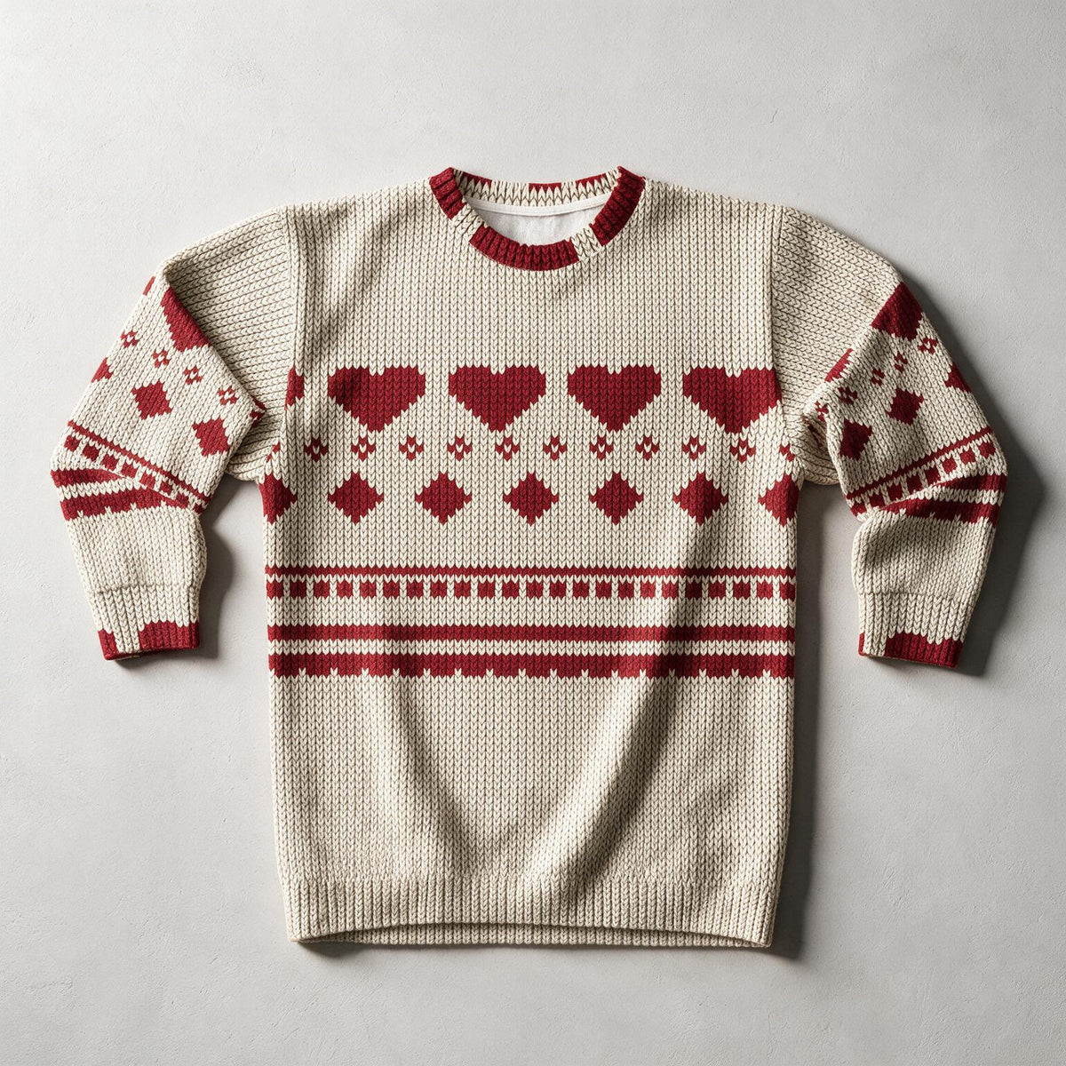 Pixel Heart Fair Isle Sweatshirt | Red Cream Knitted Pattern
