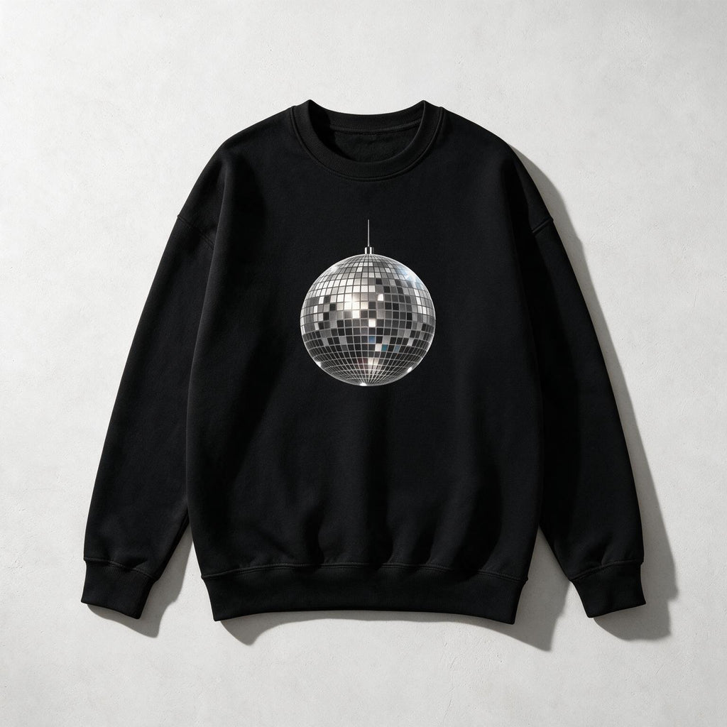 A black crewneck sweatshirt featuring a printed silver and black disco ball graphic on the chest, displayed flat against a light gray textured background.