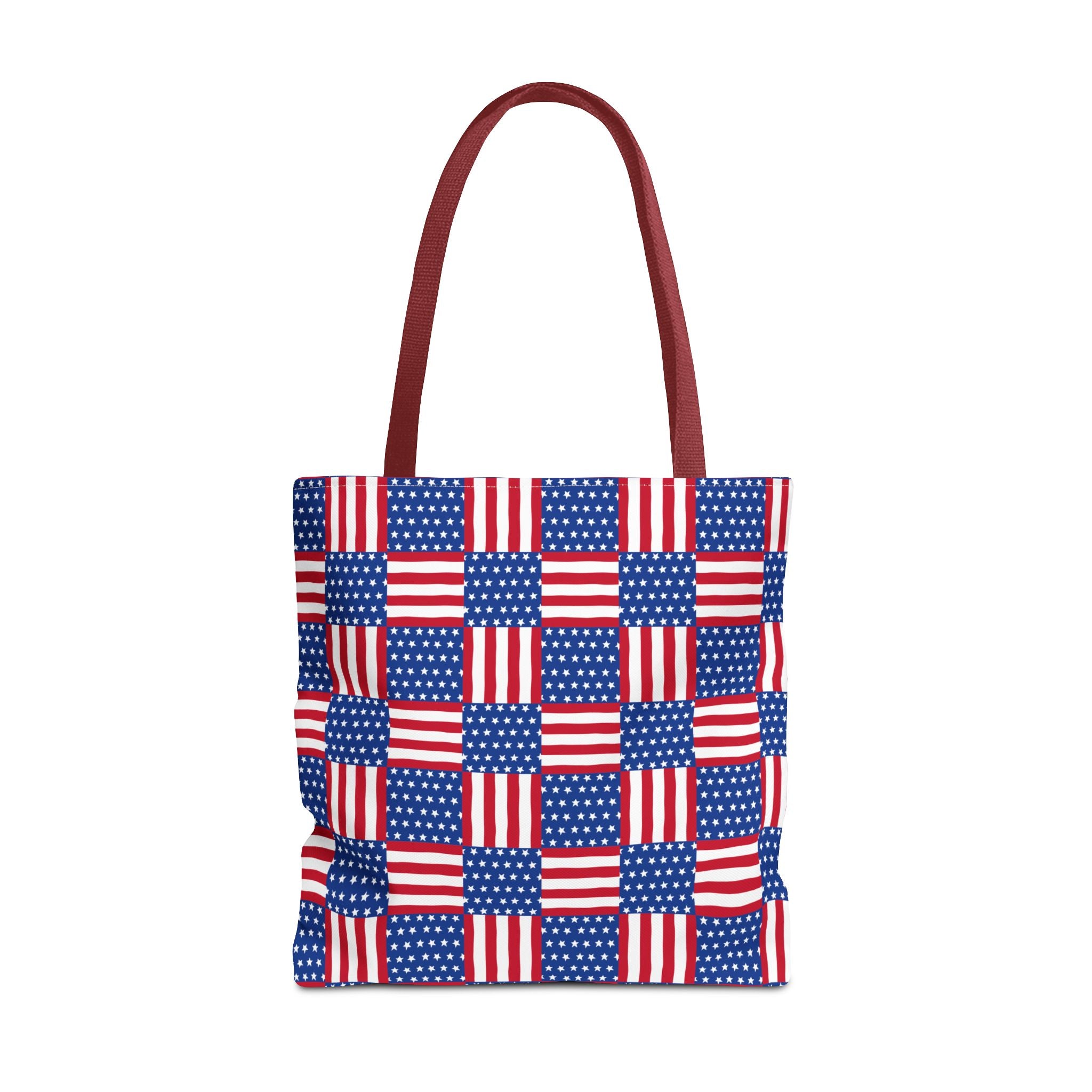 Tote bag with American flag pattern on a white background