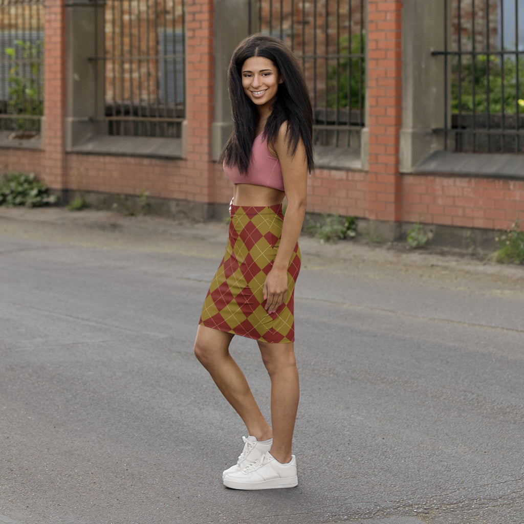 Maroon Olive Argyle Pencil Skirt | Plaid Pattern