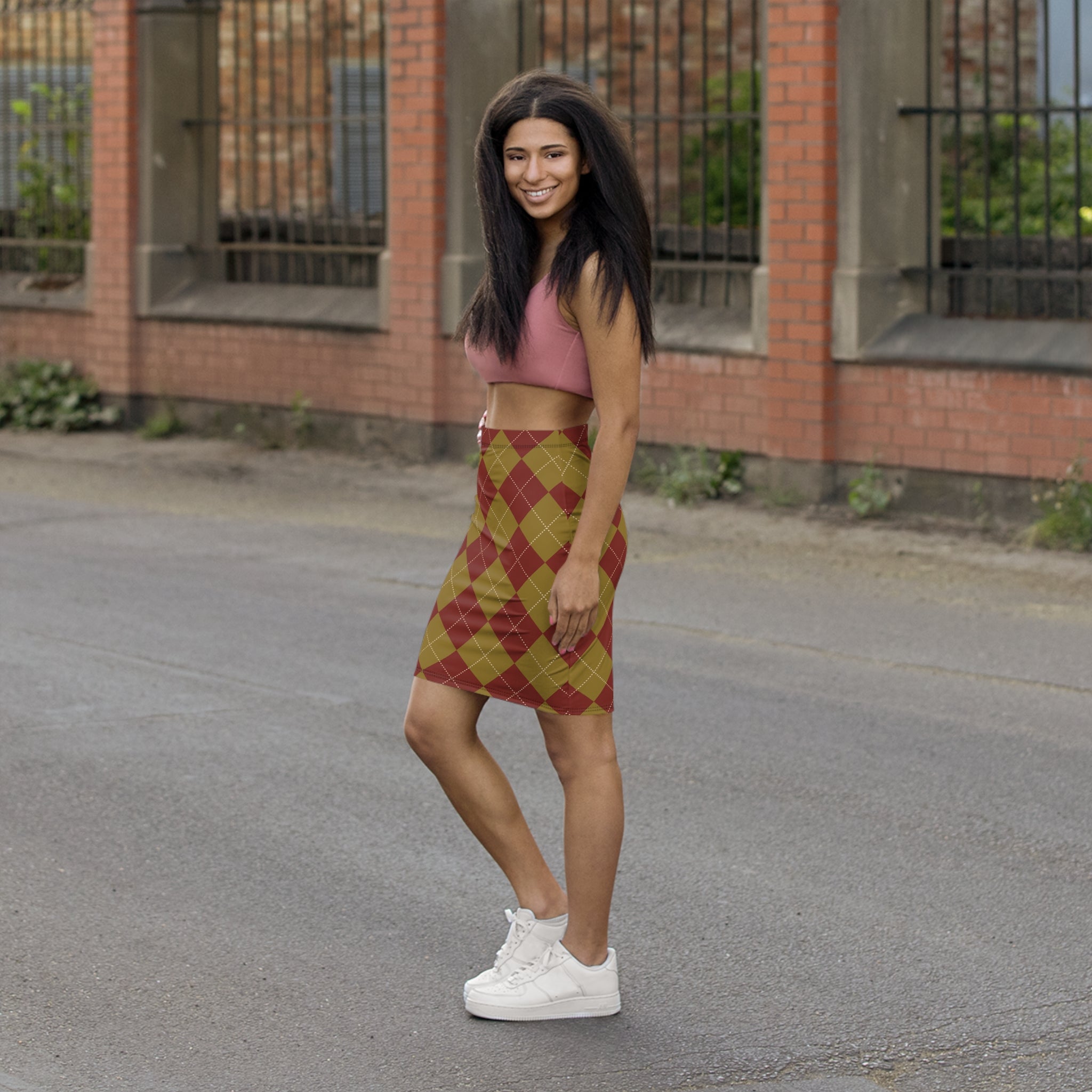 Maroon Olive Argyle Pencil Skirt | Plaid Pattern