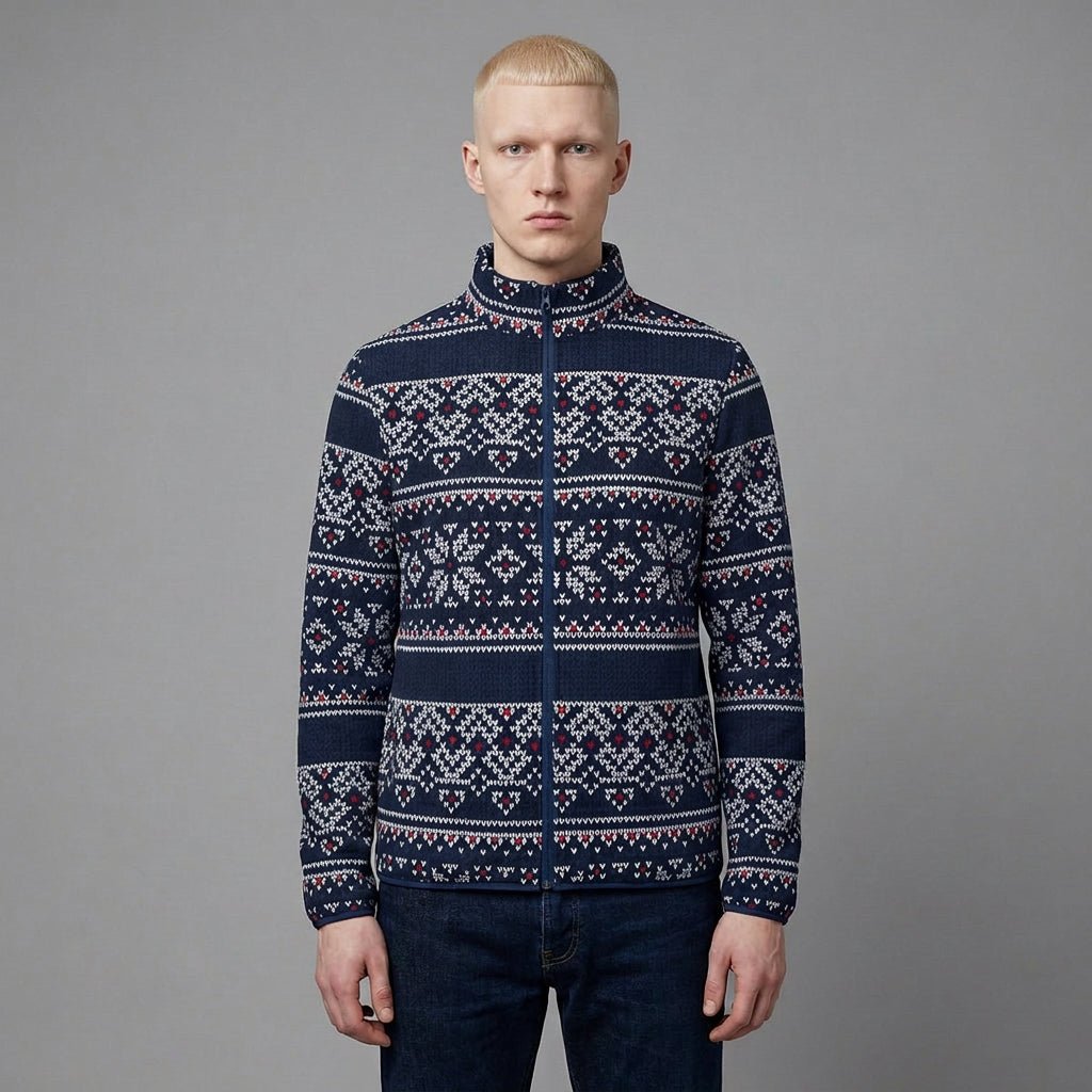 Nordic Fair Isle Pattern Puffer Jacket | Navy All-Over Print