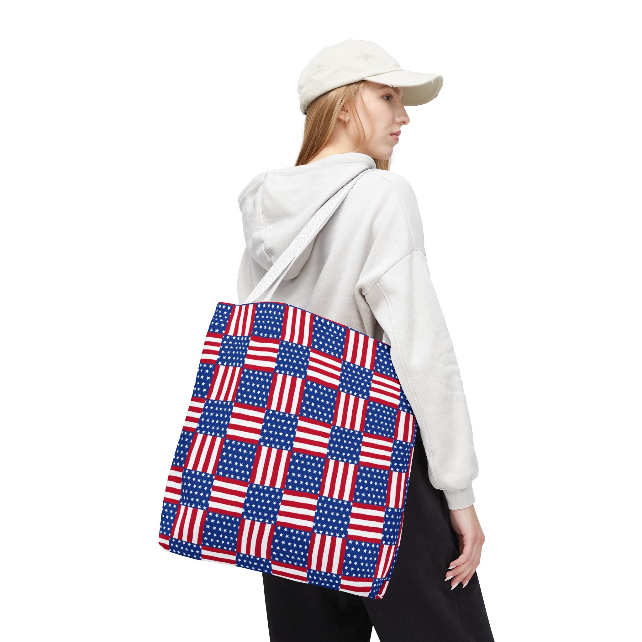 American Flag Patchwork Tote Bag | Patriotic Stars Stripes AOP