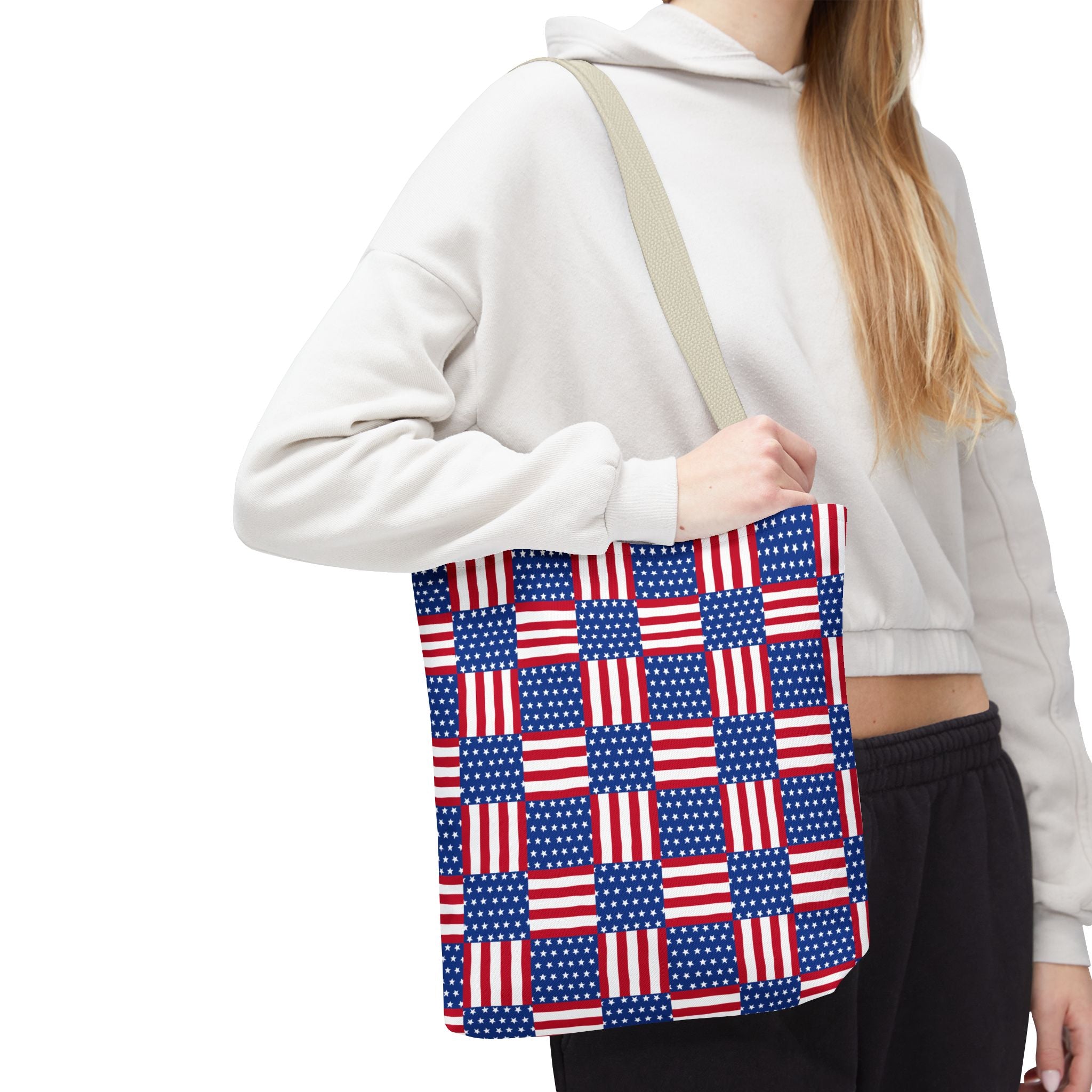 American Flag Patchwork Tote Bag | Patriotic Stars Stripes AOP