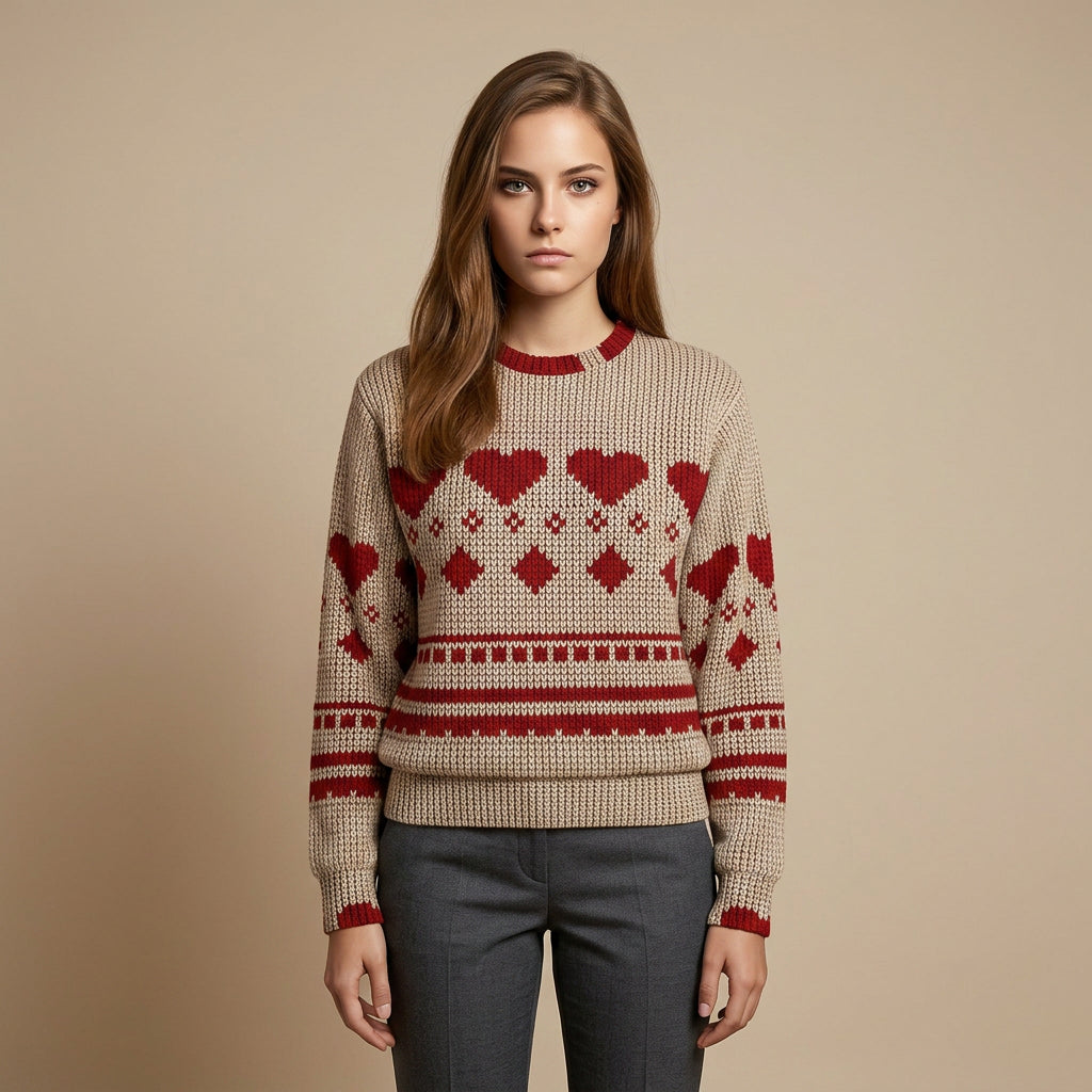 Pixel Heart Fair Isle Sweatshirt | Red Cream Knitted Pattern