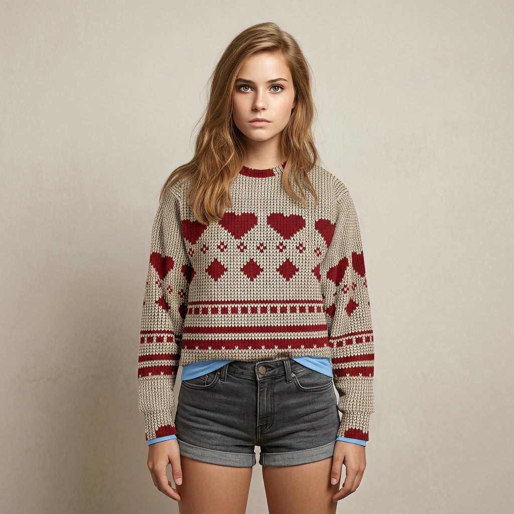 Pixel Heart Fair Isle Sweatshirt | Red Cream Knitted Pattern