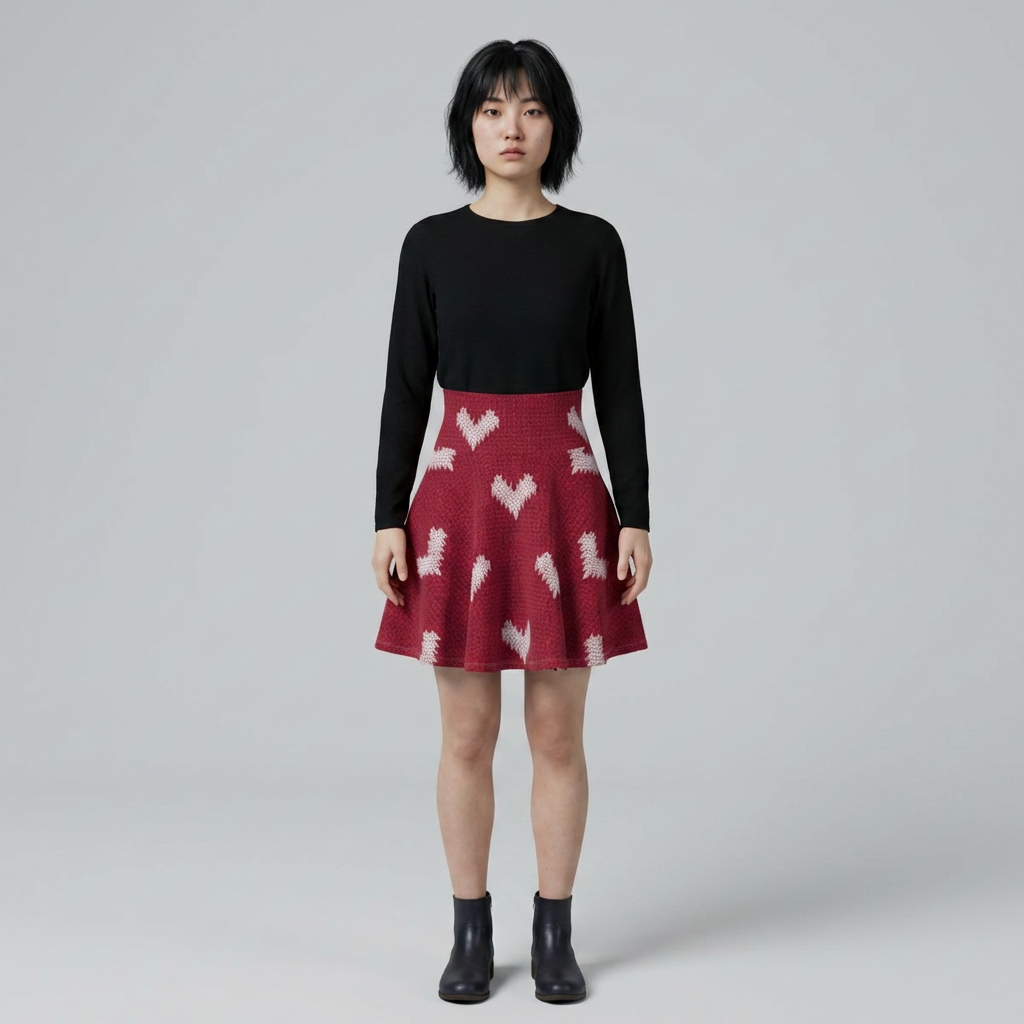 Knit Heart Pattern Skater Skirt | Red Heart Print Skirt